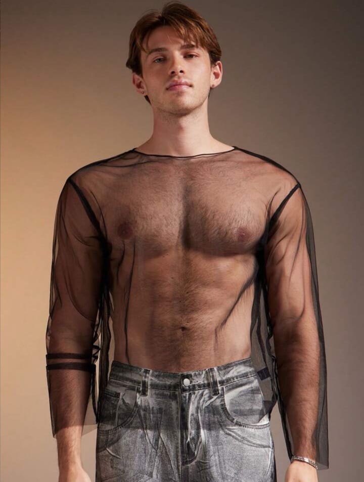 Fashionable Casual Sheer Mesh Long Sleeve Men - T Shirts